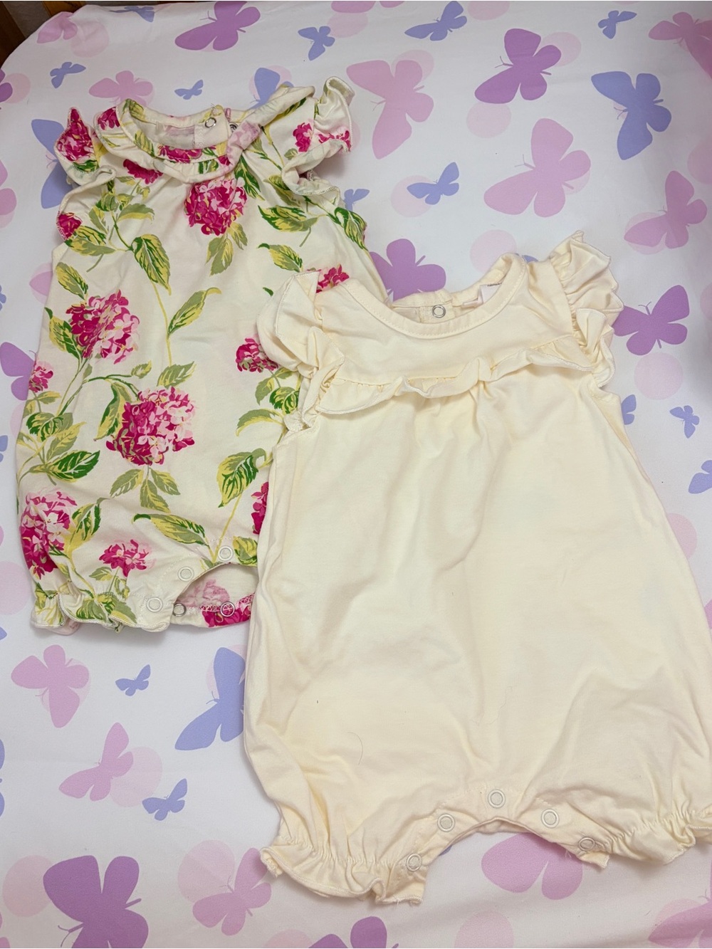 Laura Ashley Cream Ruffle Rompers with Pink Floral Print - Set of 2